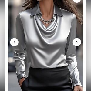 NWT Mooyius Satin Blouse Silver Draped Neck Long Sleeve Top XL
